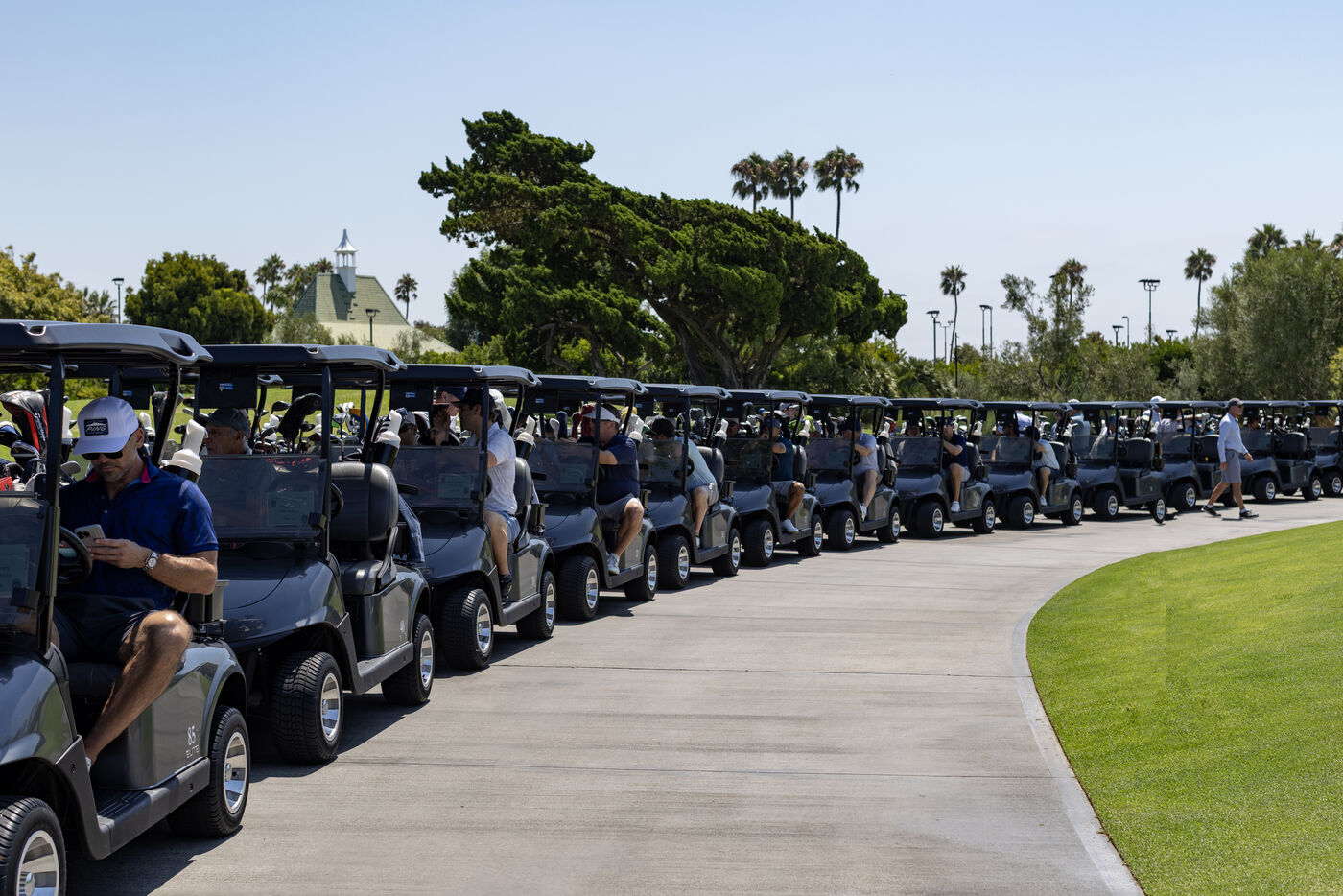 Golf carts lined up for the shotgun start at Newport Beach Country Club