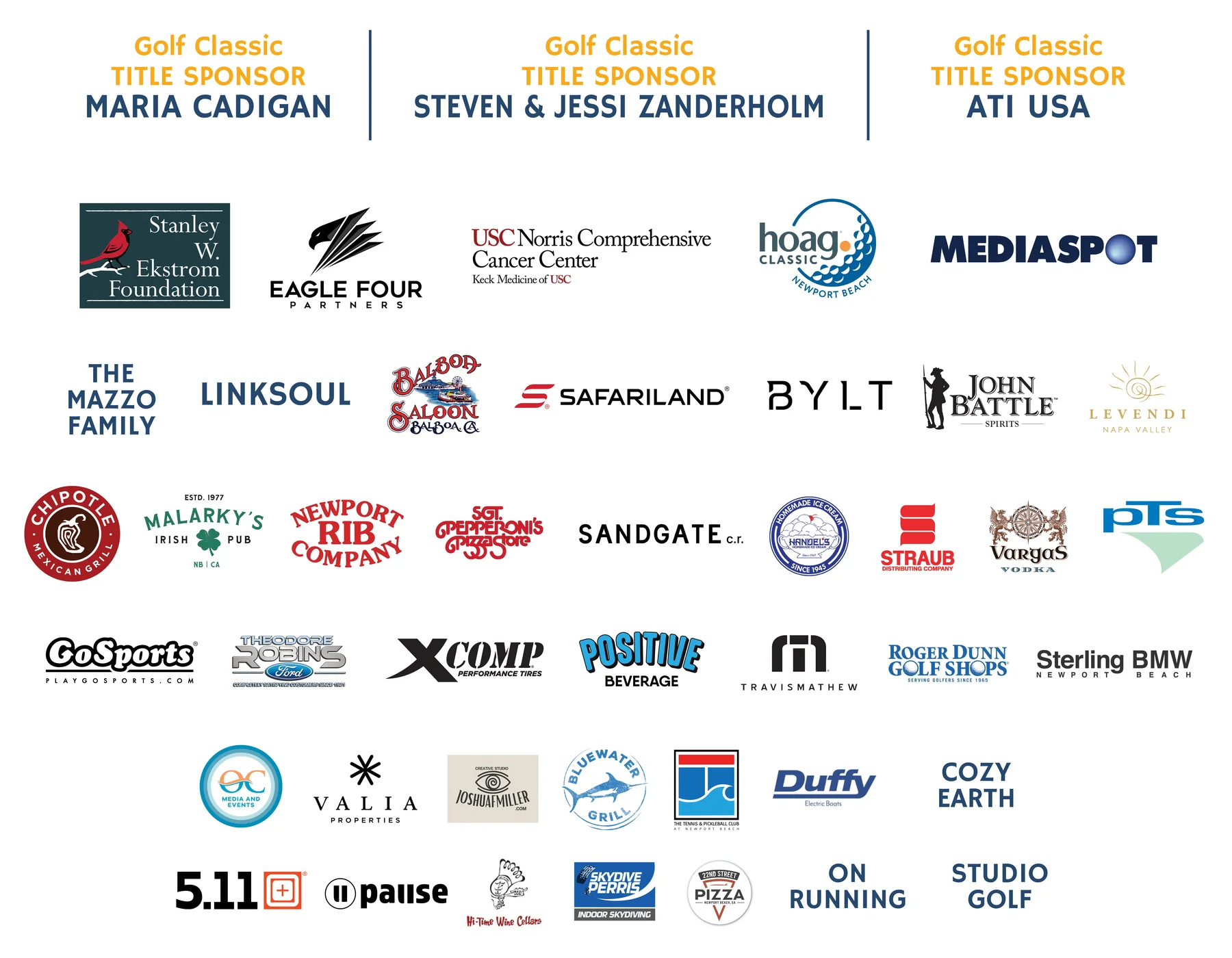 2026 NBPF Golf Classic sponsors, including title sponsors Maria Cadigan, Steven and Jessi Zanderholm, and ATI USA